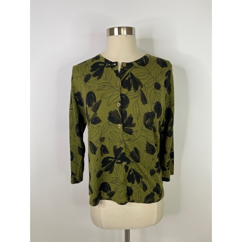 Garnet Hill Merino Wool Floral Watercolor Button Down Cardigan Top